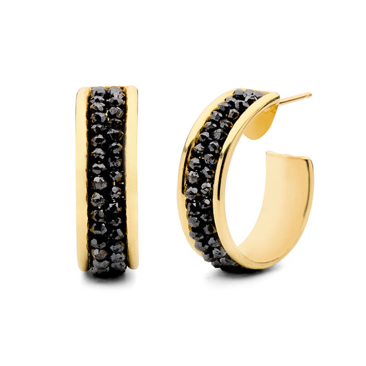 Black Diamond Hoops in 18k Yellow Gold-Medium