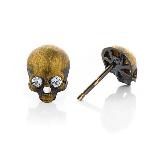 Skull Earrings with Diamond Eyes in Antique Yellow Gold