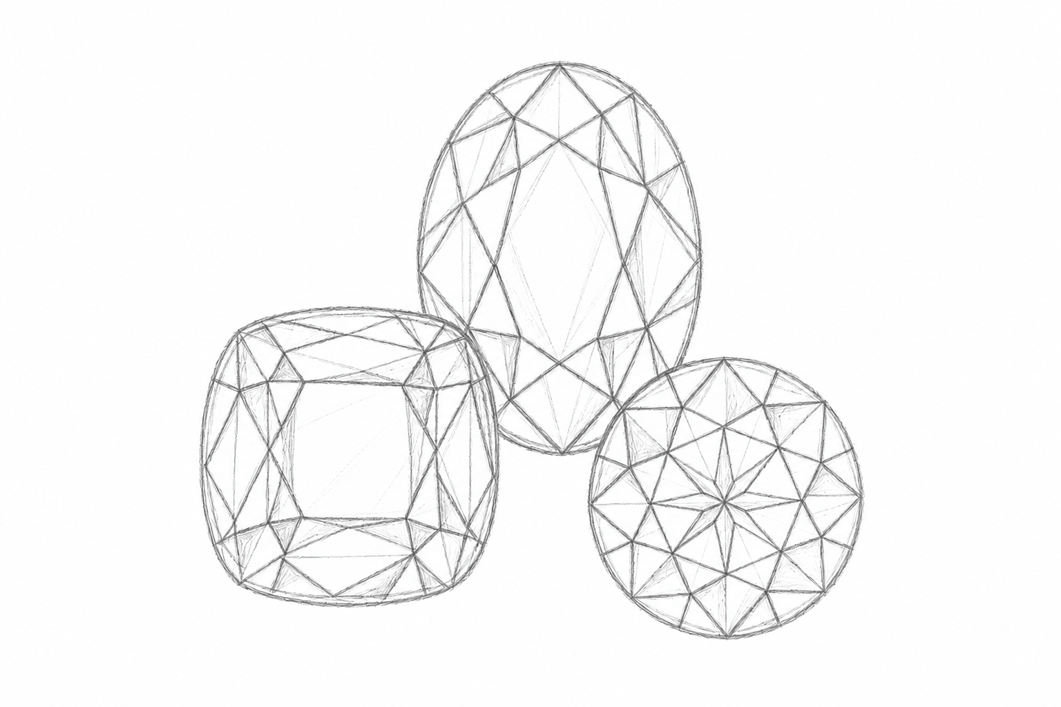A minimalist black and white line art illustration of three faceted gemstones, including a marquise-cut stone, a round brilliant-cut stone, and a cushion-cut stone, arranged on a solid white background.