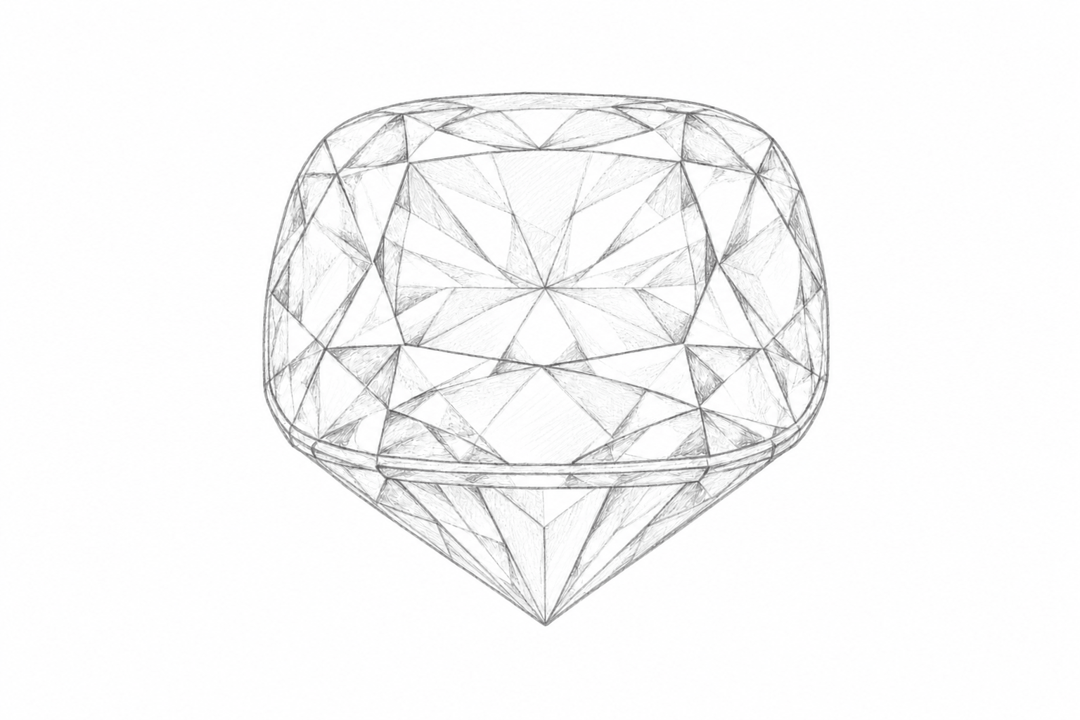 A minimalist black and white line art sketch of a cushion-cut gemstone, showing its faceted geometric structure on a solid white background.