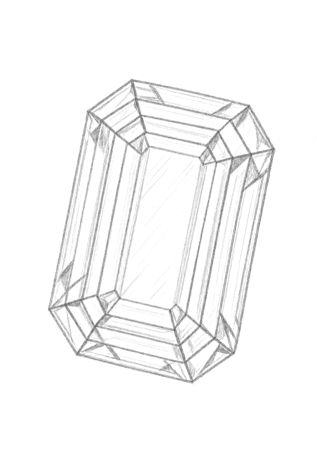 A pencil sketch of a large rectangular emerald-cut gemstone on a plain white background.