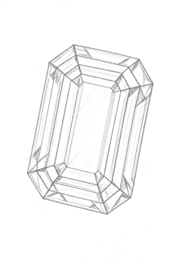 A pencil sketch of a large rectangular emerald-cut gemstone on a plain white background.