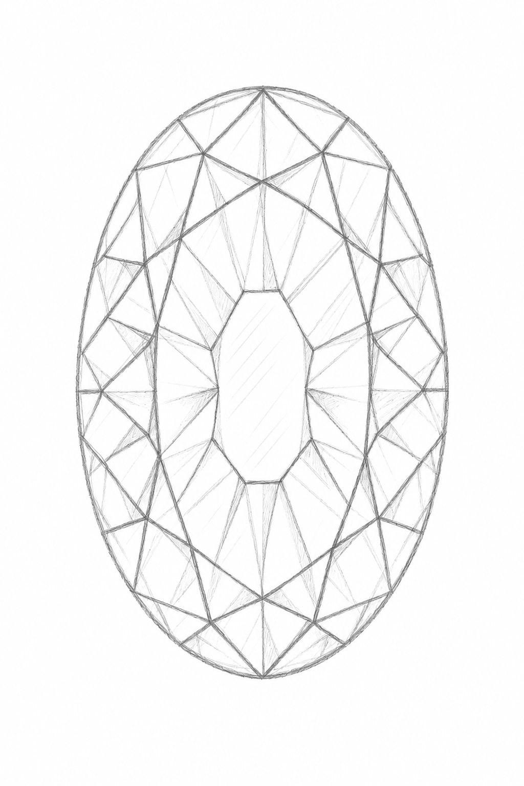 A black and white line drawing of an oval gemstone with a faceted, multi-beveled cut pattern, centered on a plain white background.