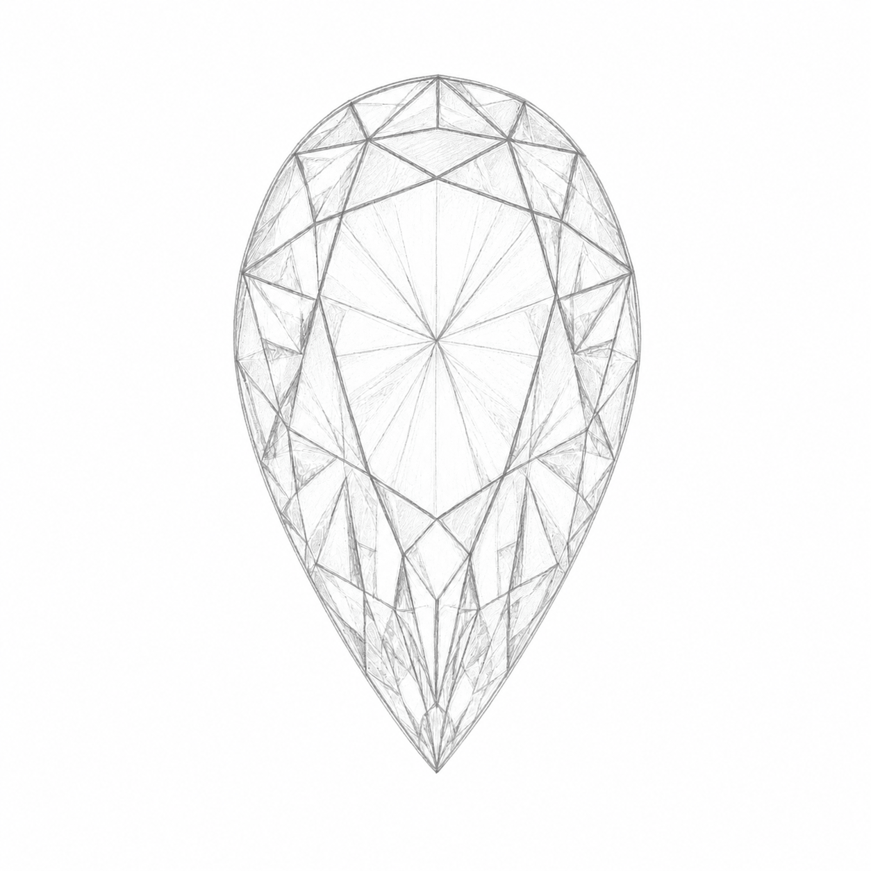 A minimalist line drawing of a teardrop-shaped faceted gemstone, shown in gray on a solid white background.