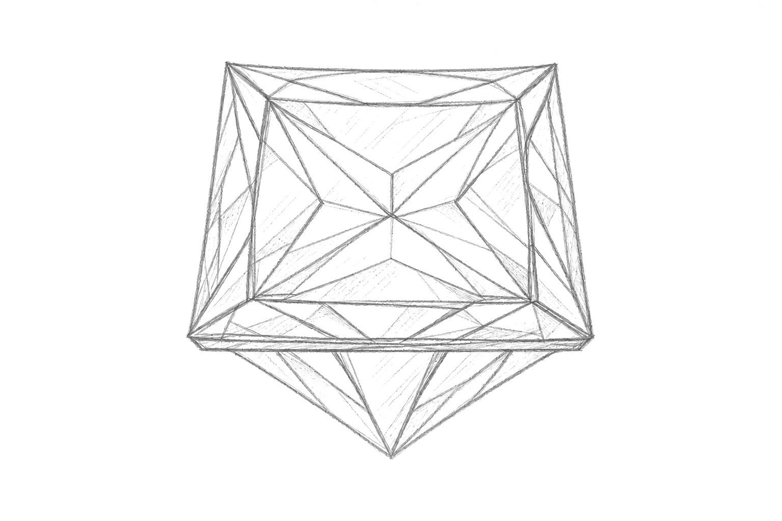 A minimalist black and white pencil sketch of a faceted geometric gemstone, shown from a top-down perspective on a solid white background.