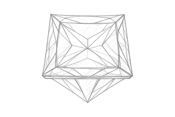 A minimalist black and white pencil sketch of a faceted geometric gemstone, shown from a top-down perspective on a solid white background.