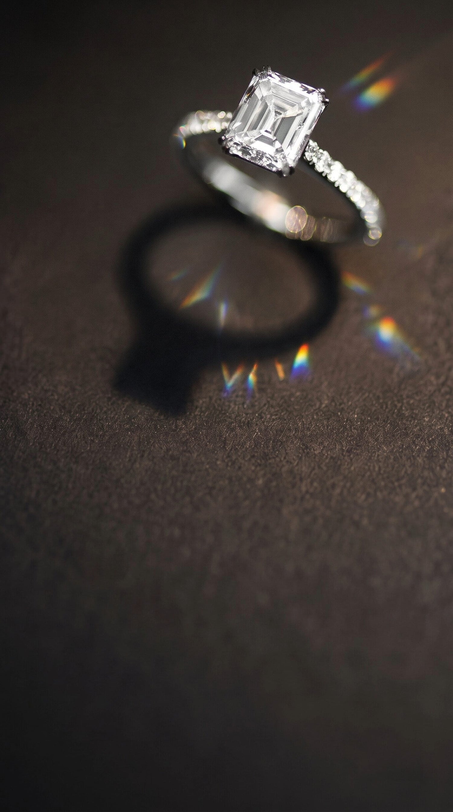 A silver engagement ring with a large emerald-cut clear center stone and a pavé band, photographed on a dark textured surface with dramatic light leaks and a shadow.