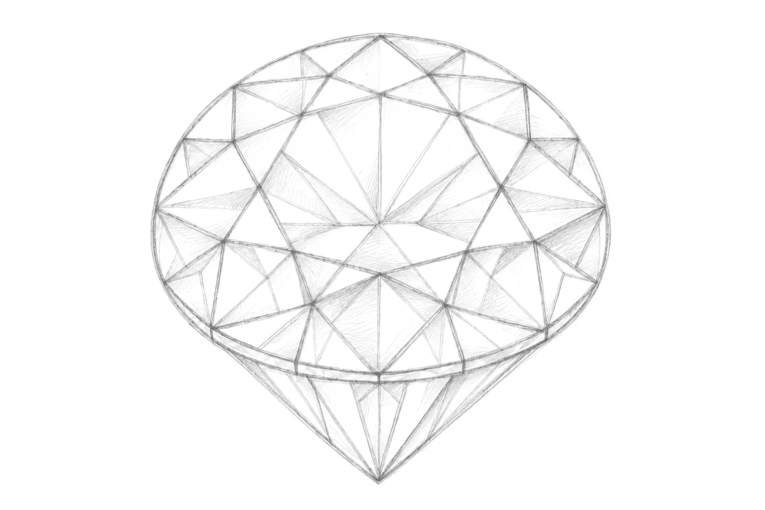 A black and white line art sketch of a faceted gemstone, resembling a round brilliant-cut diamond, centered on a solid white background.
