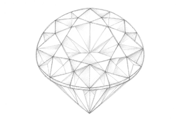 A black and white line art sketch of a faceted gemstone, resembling a round brilliant-cut diamond, centered on a solid white background.