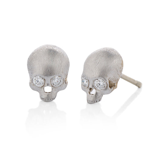 Skull Earrings with Diamond Eyes in White Gold