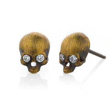 Skull Earrings with Diamond Eyes in Antique Yellow Gold