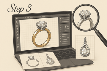 Generate an image for index 3 for third point of custom design process with the customer. The step name is: CAD & Review. Do not add any text to image expect the Step 3. The text font should be curvy.