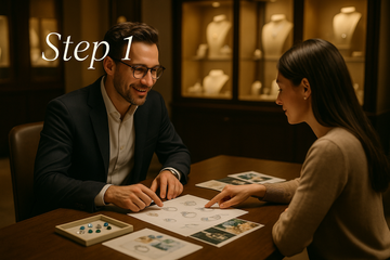 Generate an image for step index of number 1 for the first step custom design process in jewelry making with the customer.